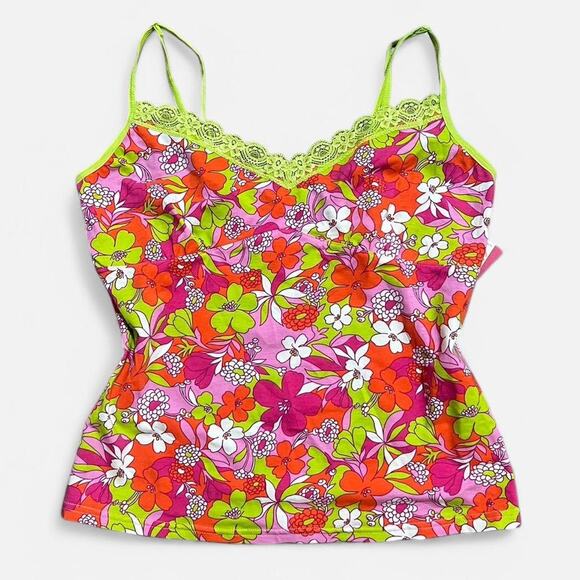 VTG Y2K Q.U.E Bright Neon Green & Pink Retro Style Lace Trimmed Cotton Cami M/S - Picture 1 of 7